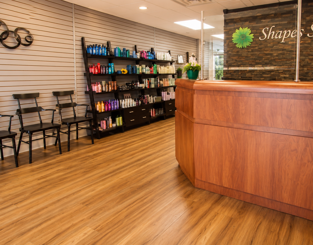 Shear Serenity reception desk and retail product display