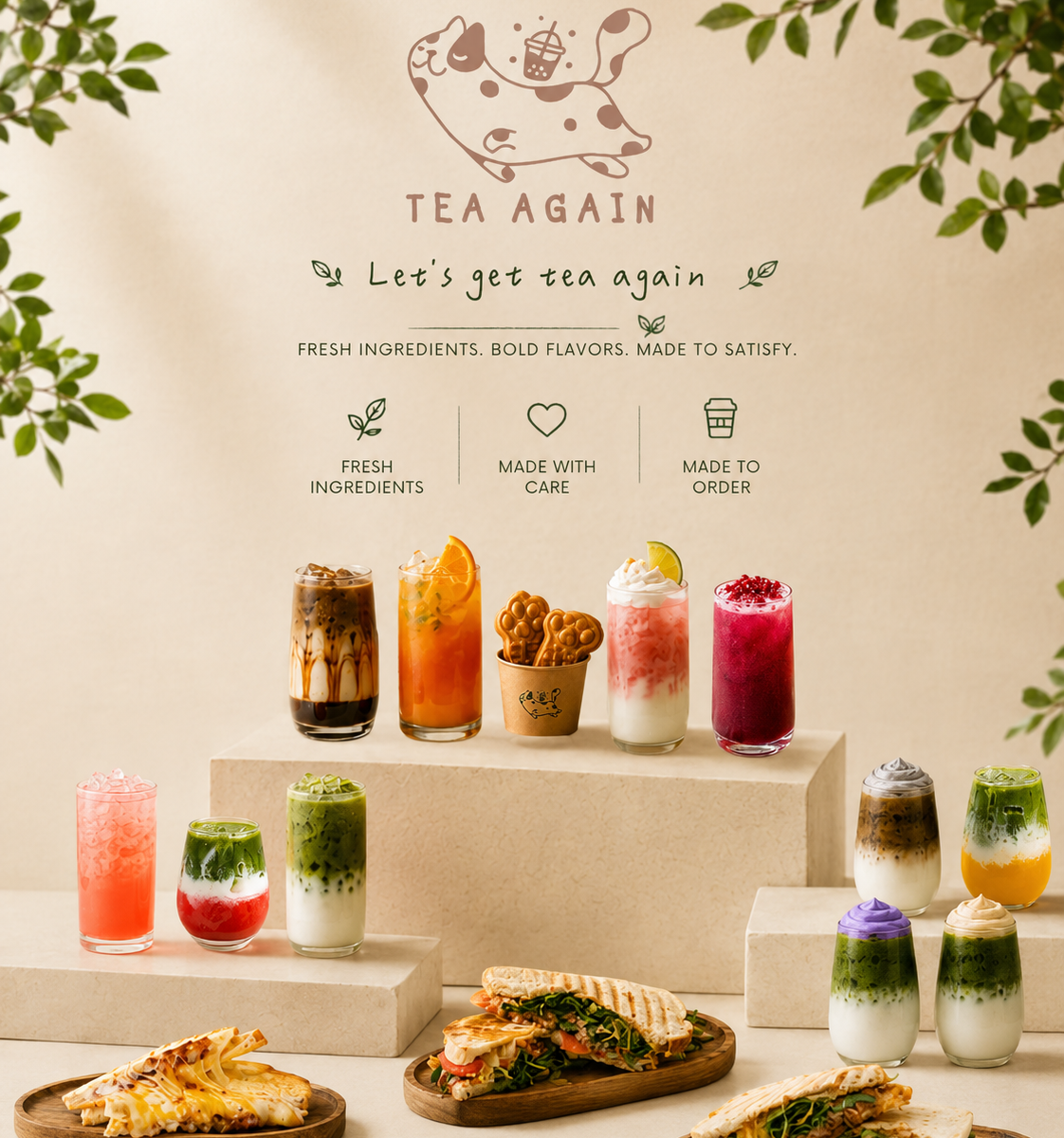 Tea Again assortment of handcrafted drinks, egg waffles, and toasted sandwiches