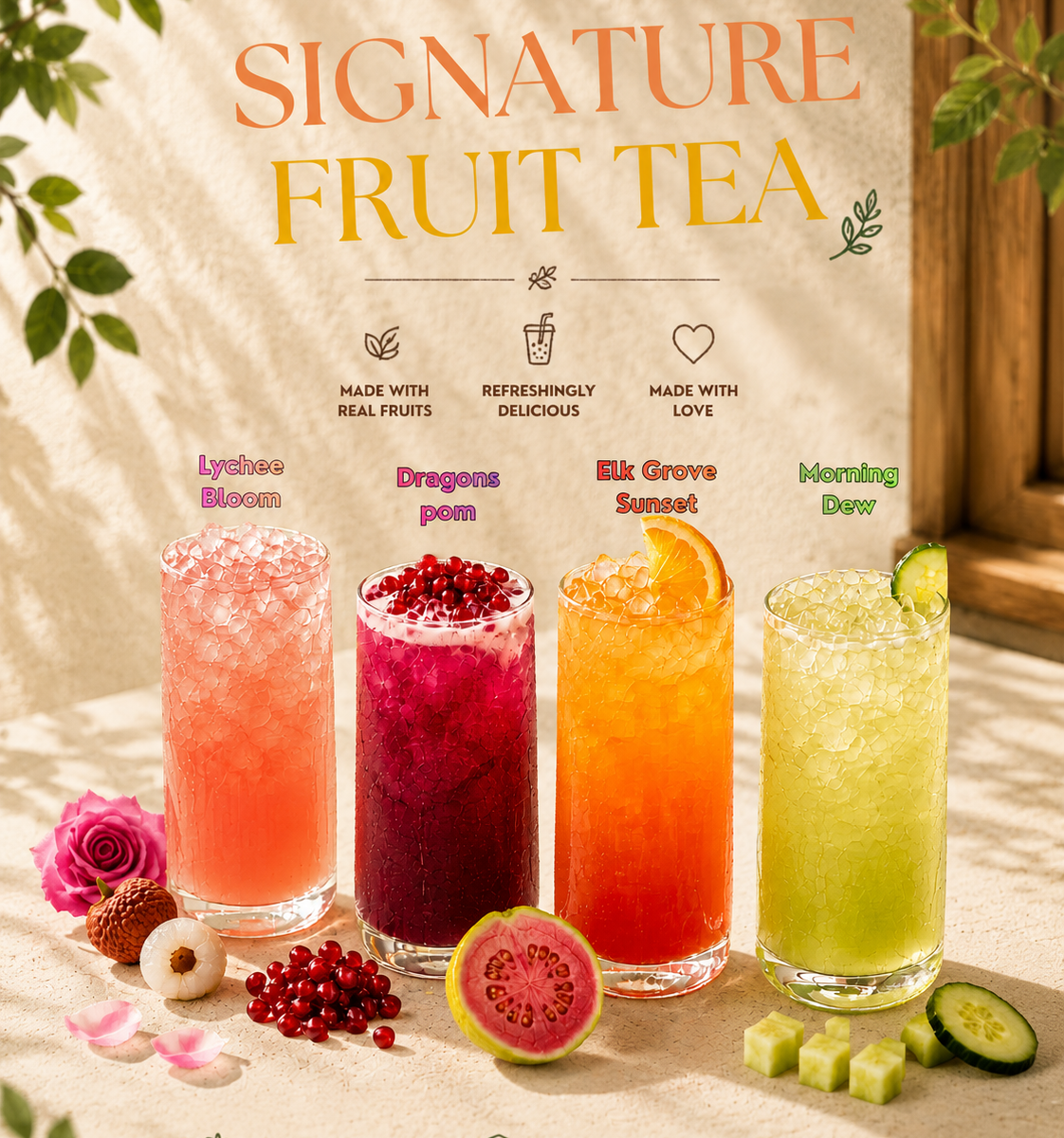 Lychee Bloom, Dragon’s Pom, Elk Grove Sunset, and Morning Dew fruit teas