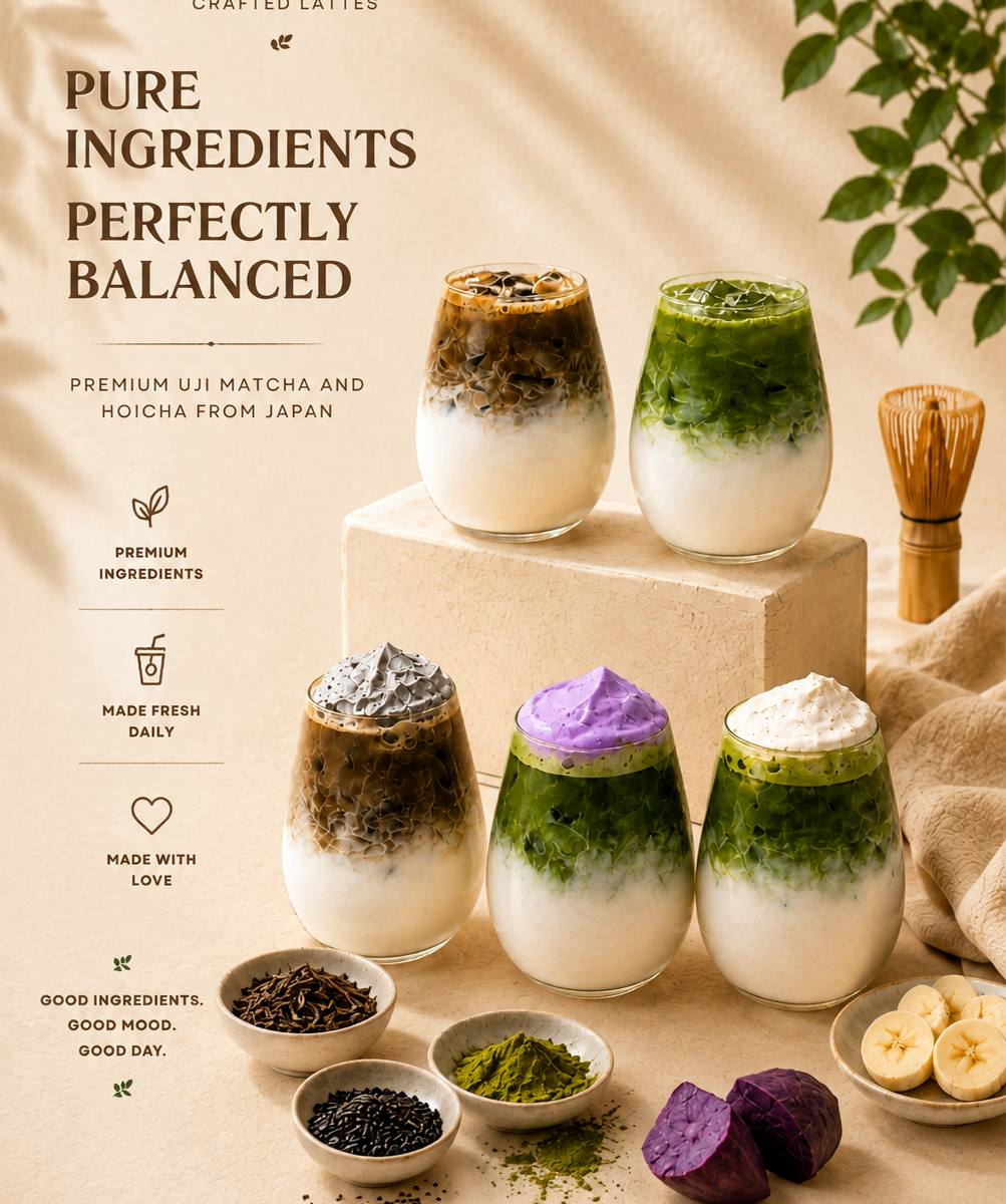 Premium Uji matcha and hojicha lattes with creamy toppings