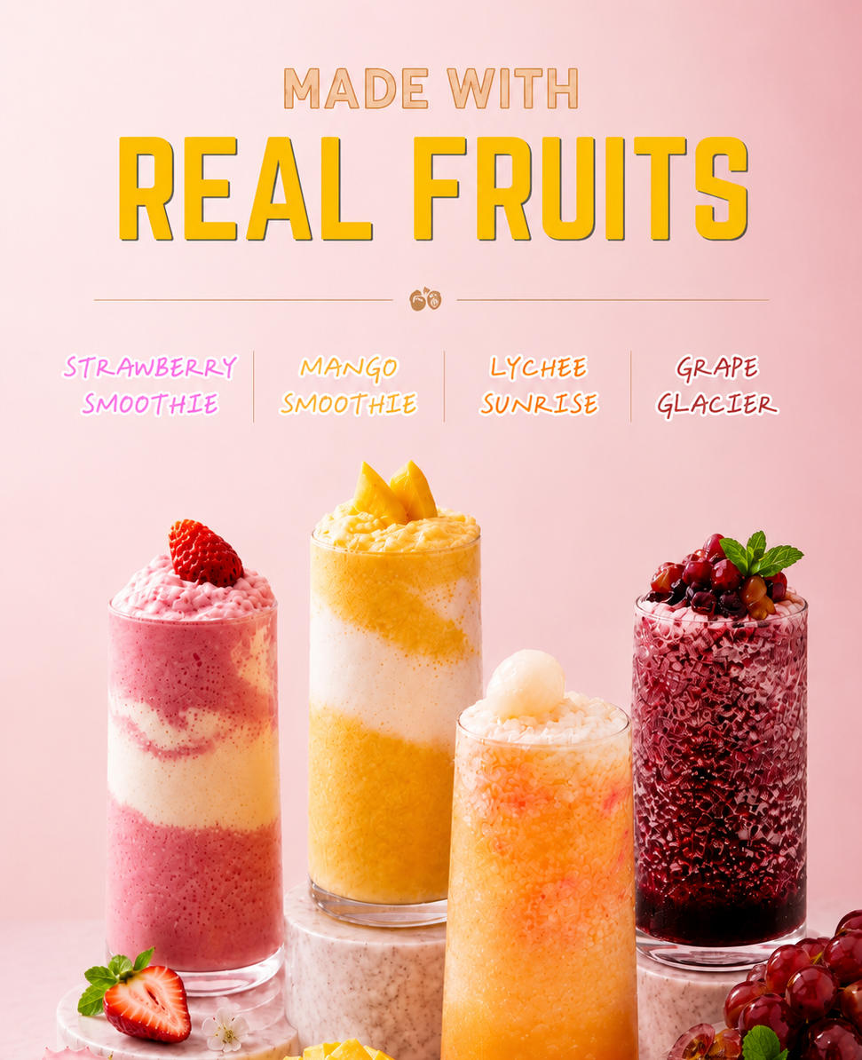 Strawberry Smoothie, Mango Smoothie, Lychee Sunrise, and Grape Glacier drinks