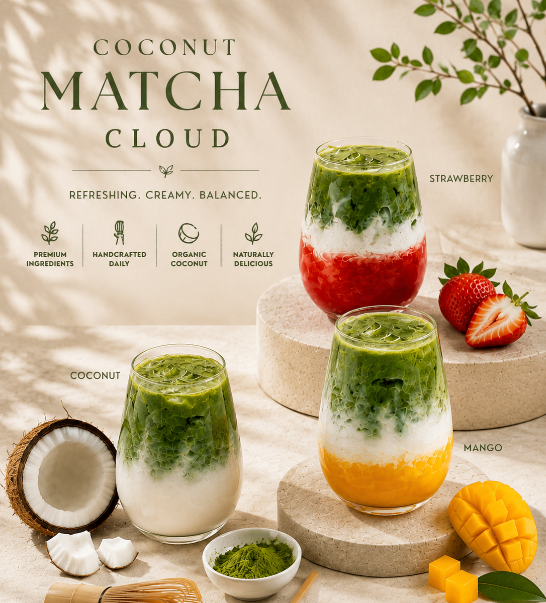 Coconut Matcha Cloud drinks in coconut, strawberry, and mango flavors
